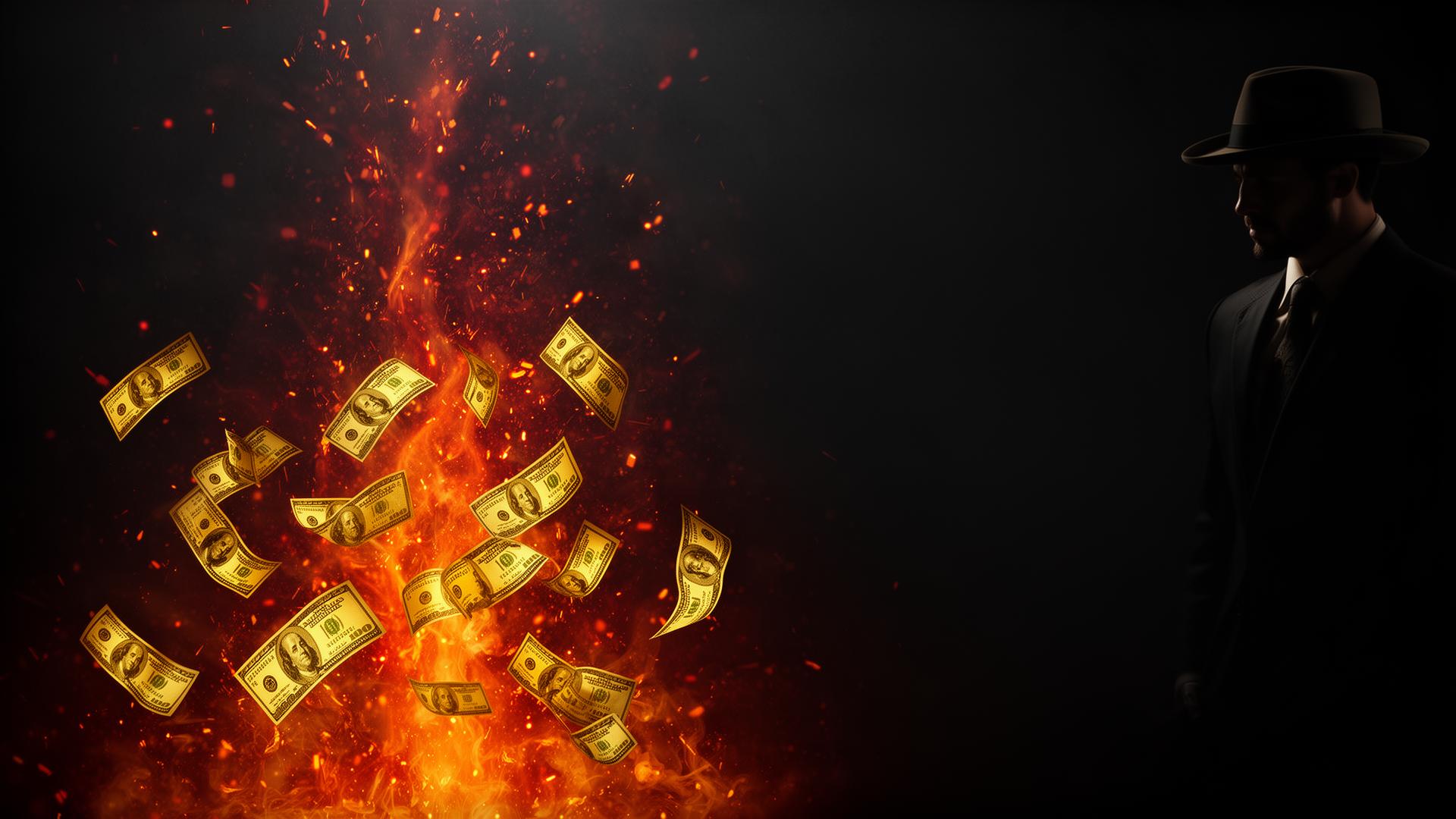 Major Finance — dramatic desk scene with burning money, glowing embers, and a suited professional